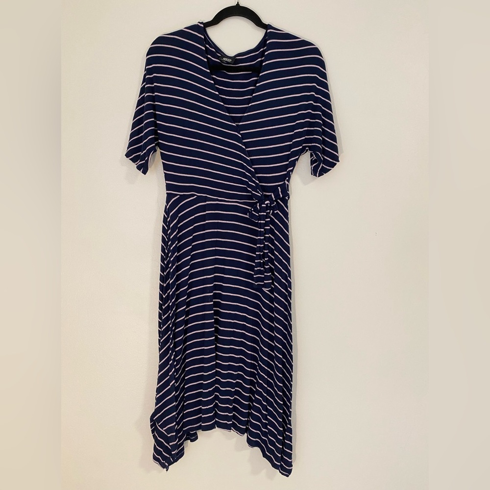Blue and pink striped faux wrap handkerchief dress small